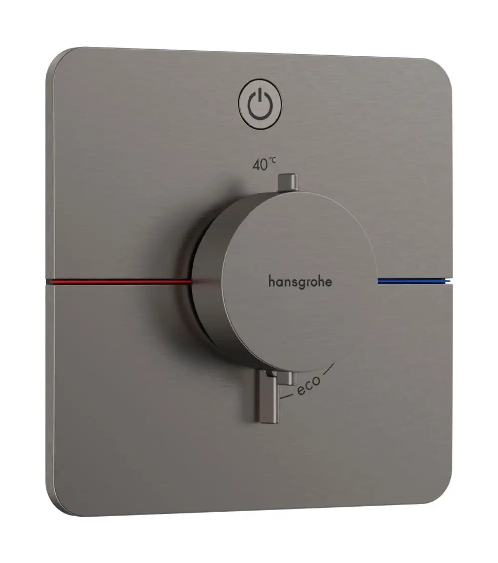 Thermostat von Hansgrohe mit einem runden Drehregler, Temperaturanzeige und eco-Funktion. Einfache Bedienung mit einem Netzschalter und farbigen Linien für Warm- und Kaltwasser.